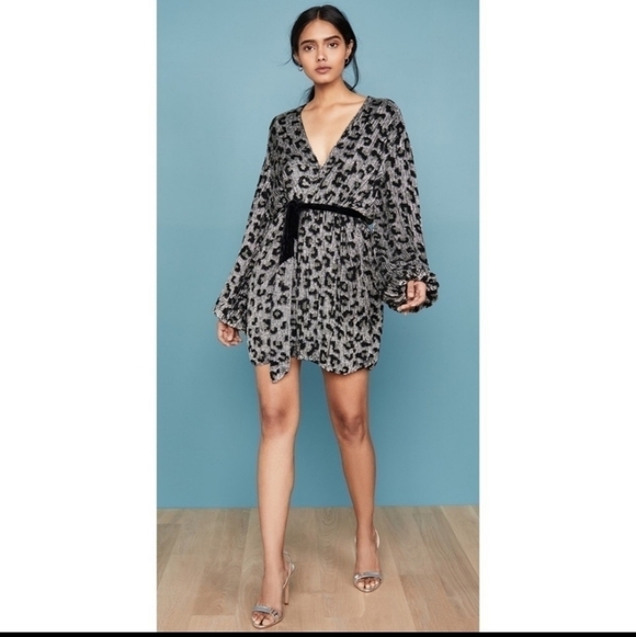Retrofete Gabrielle Sequin Robe Wrap Silver Leopard Mini Dress NWT Size Medium - Picture 9 of 15